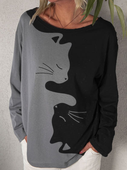 Round Neck Colorblock Cat Print Loose Long Sleeve T-shirt