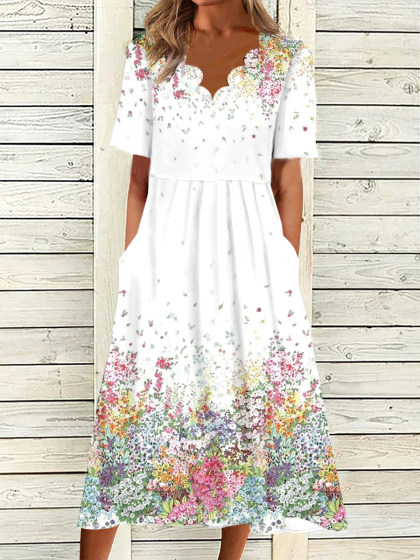 Vintage Floral Print Short Sleeves V Neck Midi Dress