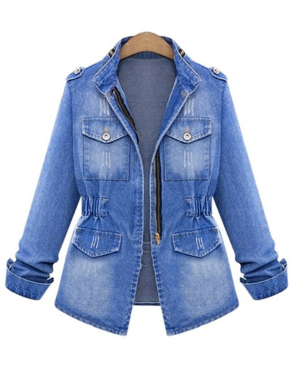 Band Collar  Elastic Waist  Light Wash Jacket