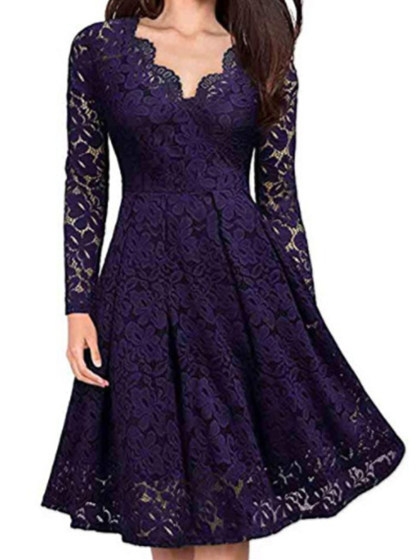 V-neck Lace Long Sleeve Dress
