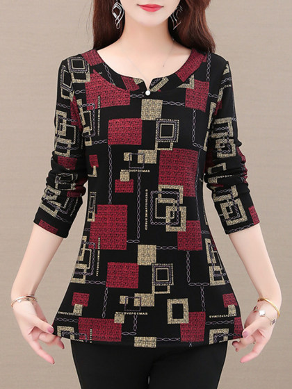 Round Neck Print Long Sleeve T-shirt