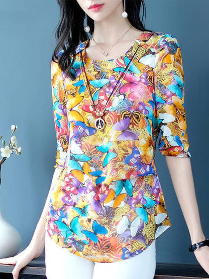 Round Neck Butterfly Print Sleeve T-shirt