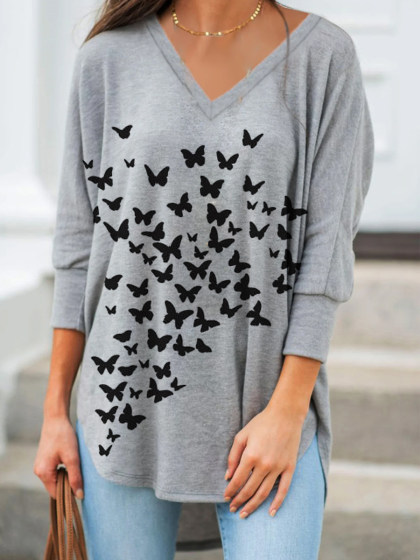 Ladies Butterfly Print Cotton Long Sleeve T-shirt