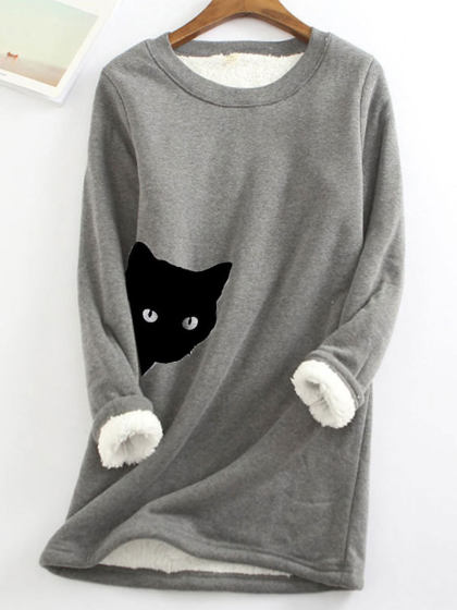 Cat Head Print Loose Plus Velvet Round Neck Long Sleeve T-shirt