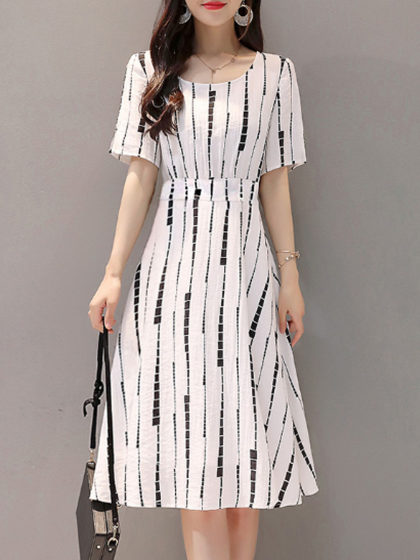 New Korean Striped Print Short Sleeve Skater Dress