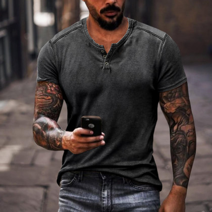 Men's Retro Solid Color V-neck Casual Breathable T-Shirt
