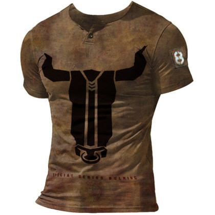 Men's retro sports bull head print short-sleeved T-shirt
