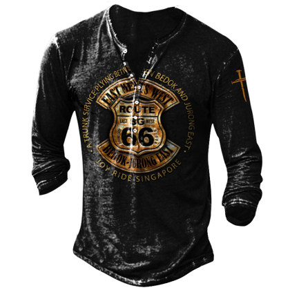 Mens Fashion Retro Route 66 Printed Long Sleeve T-Shirt
