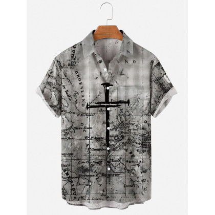 Mens Abstract Map Print Lapel Pocket Shirt