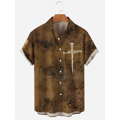 Mens Map Abstract Print Lapel Pocket Shirt