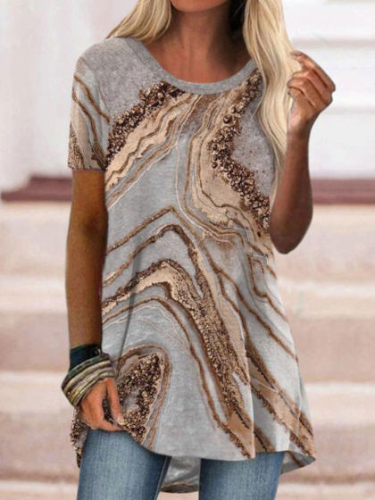 Round Neck Loose Casual Ocean Foil Print Short Sleeve T-shirt