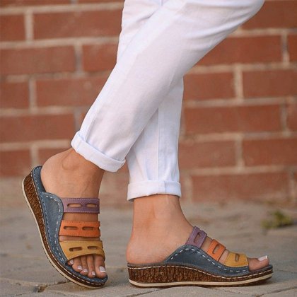 mid heeled chamois ankle strap peep toe basic casual wedge sandals