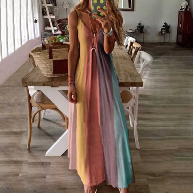 Vacation Rainbow Print Camisole Maxi Dress