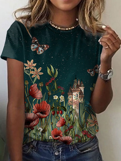 Round Neck Loose Casual Floral Print Short Sleeve T-shirt